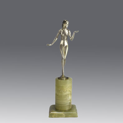 Art Deco Lady by Adolph in a questioning pose with one hand out, signed Adolph and raised on a tall cylindrical Brazilian green onyx base