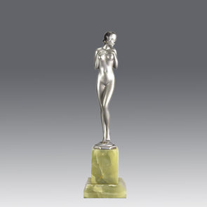 Shy Maiden an Antique Bronze Figure by Josef Adolph depicting a naked beauty in a revealing pose with very fine colour and excellent detail, raised on an onyx base