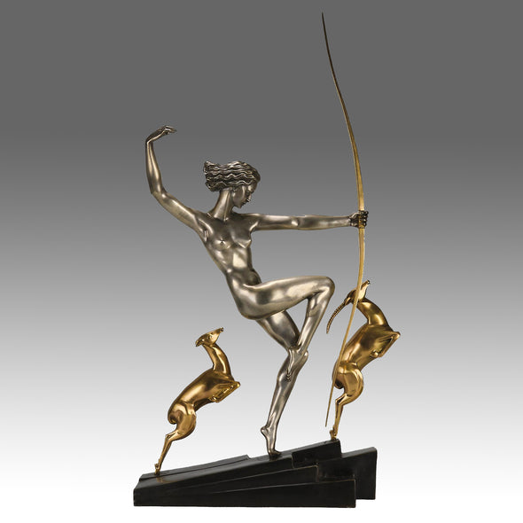 Marcel Bouraine Diana with Fawns - Art Deco Bronze - Hickmet Fine Arts