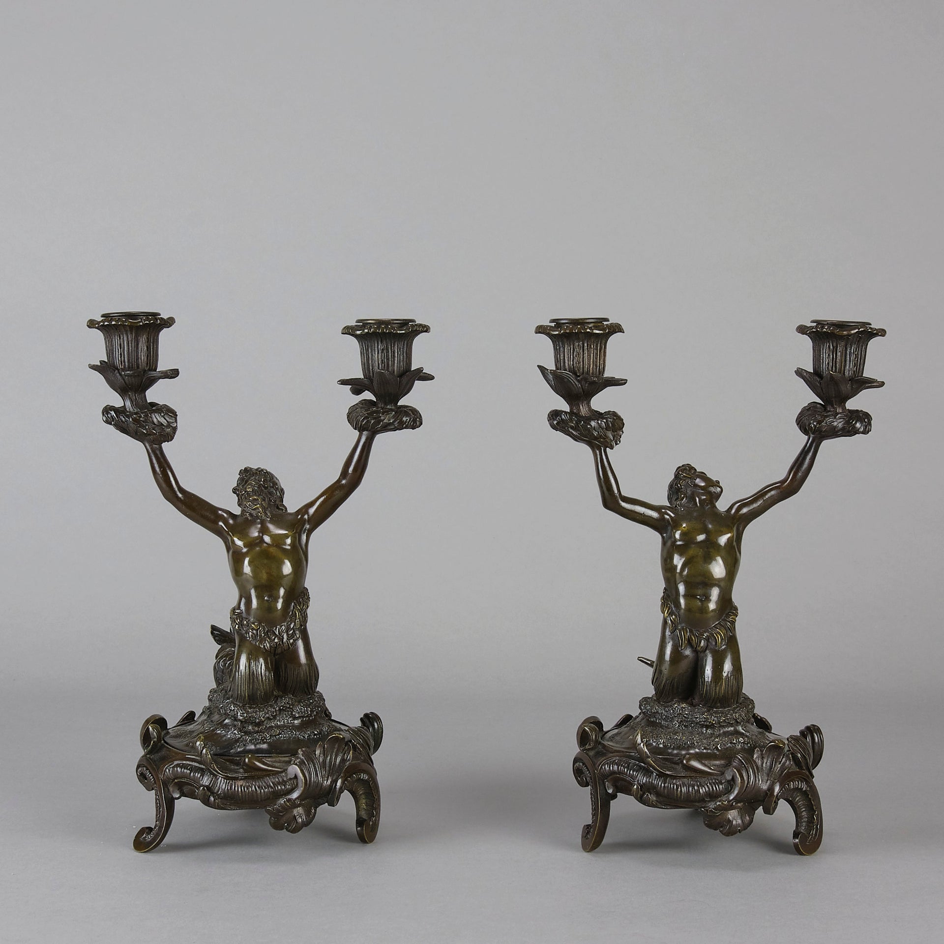 French Bronze - Mermen Candlesticks - Hickmet Fine Arts 