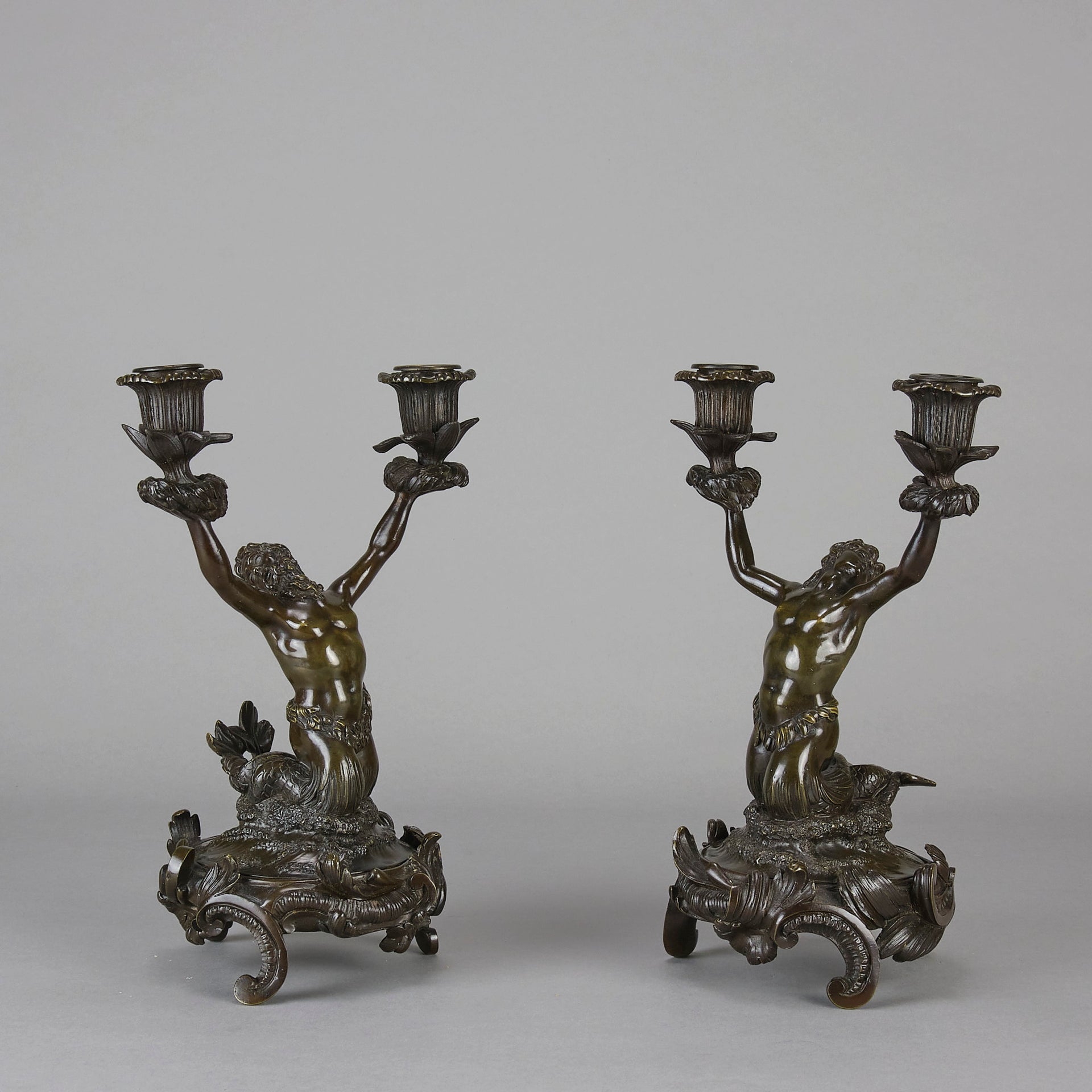 French Bronze - Mermen Candlesticks - Hickmet Fine Arts 