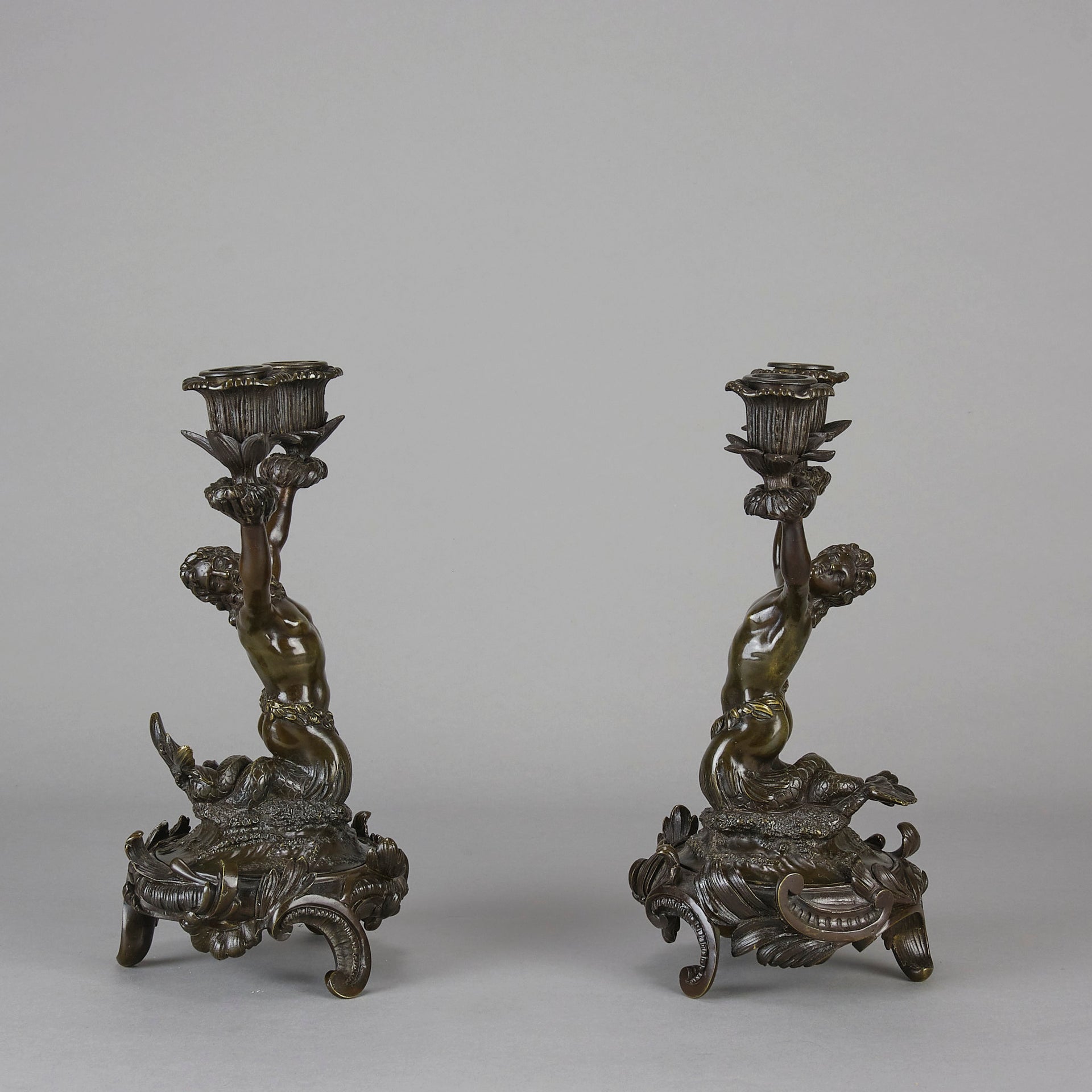 French Bronze - Mermen Candlesticks - Hickmet Fine Arts 