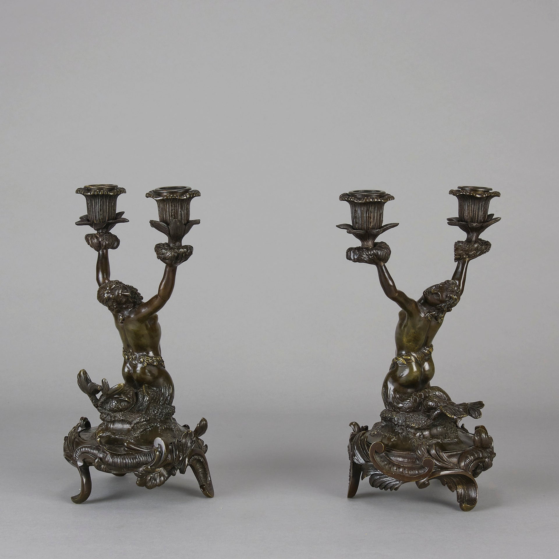 French Bronze - Mermen Candlesticks - Hickmet Fine Arts 