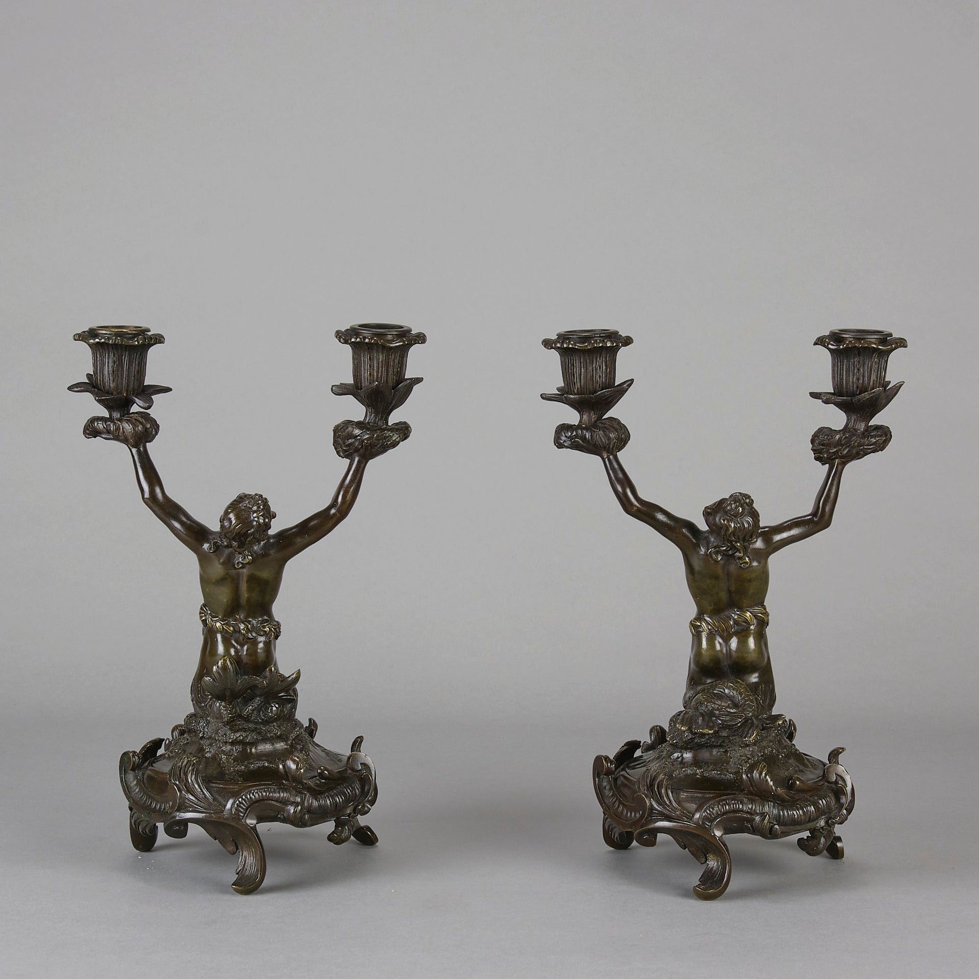 French Bronze - Mermen Candlesticks - Hickmet Fine Arts 