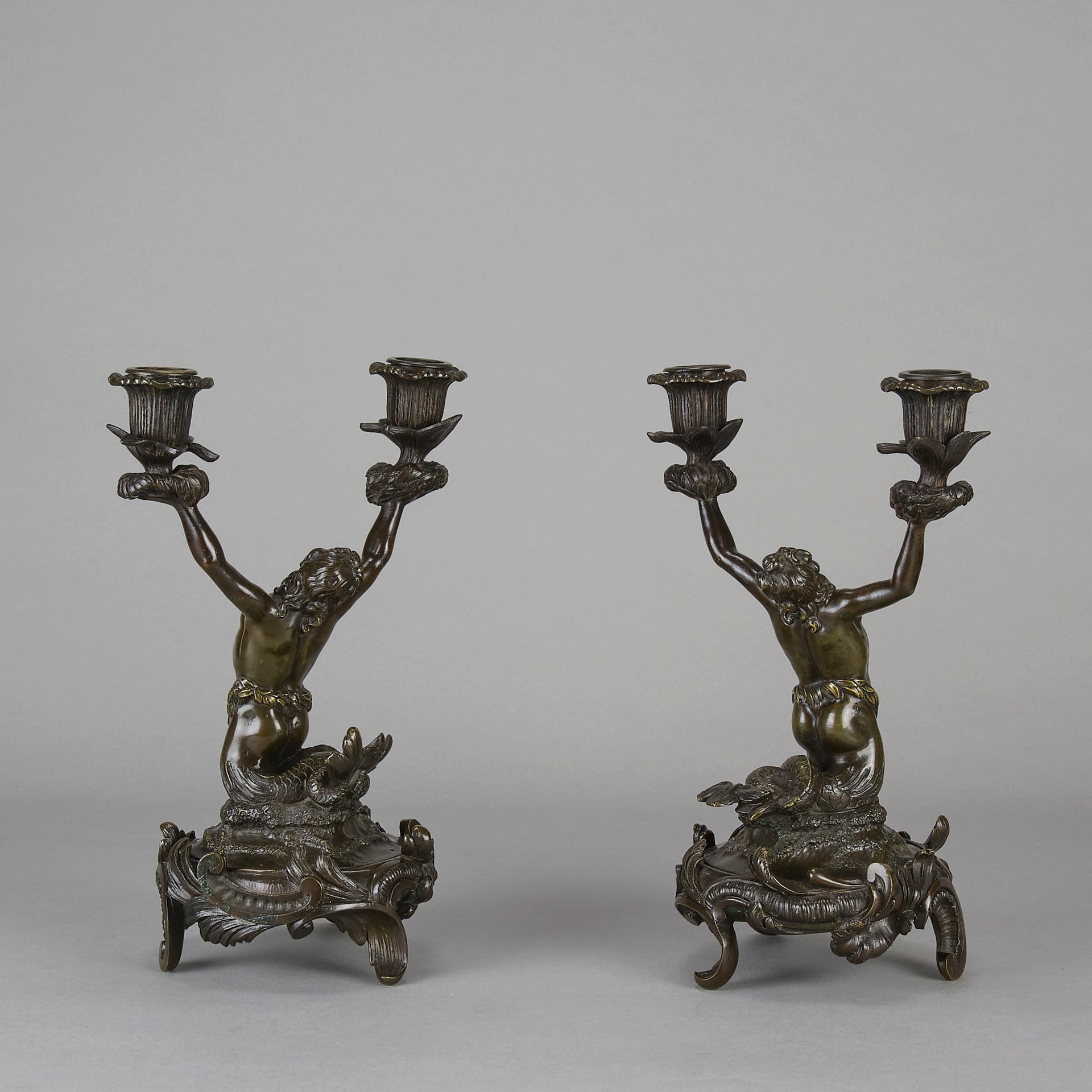 French Bronze - Mermen Candlesticks - Hickmet Fine Arts 