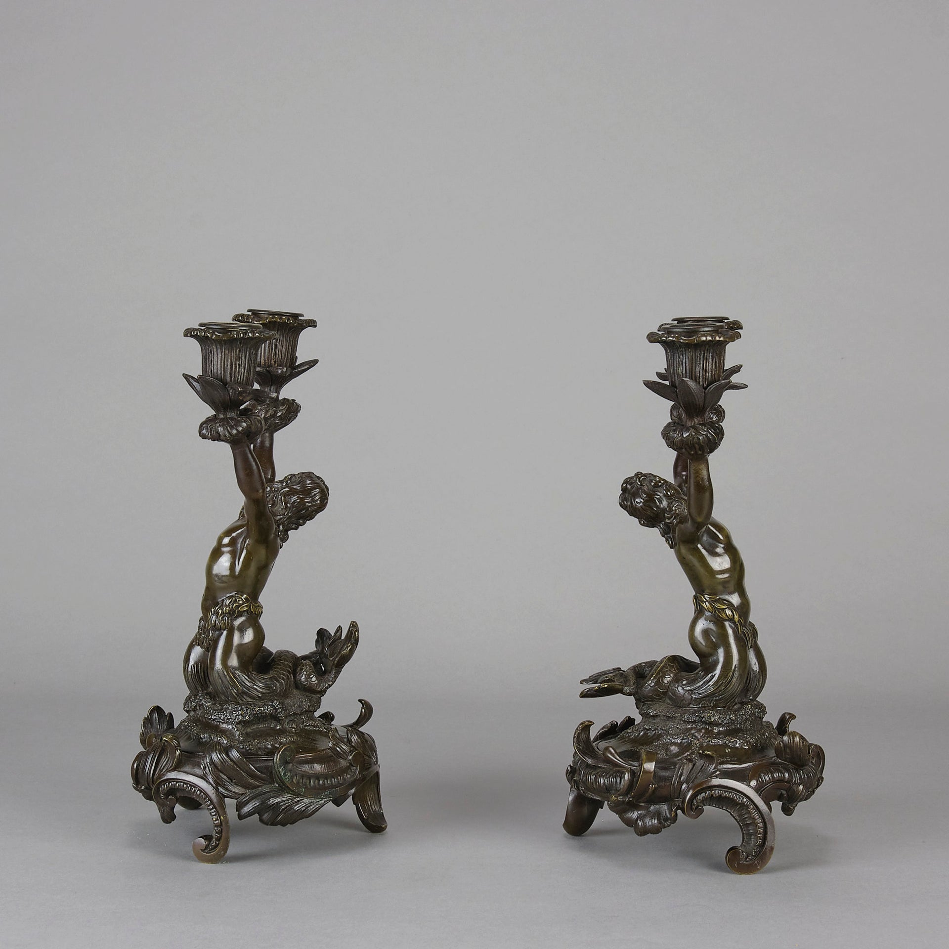 French Bronze - Mermen Candlesticks - Hickmet Fine Arts 