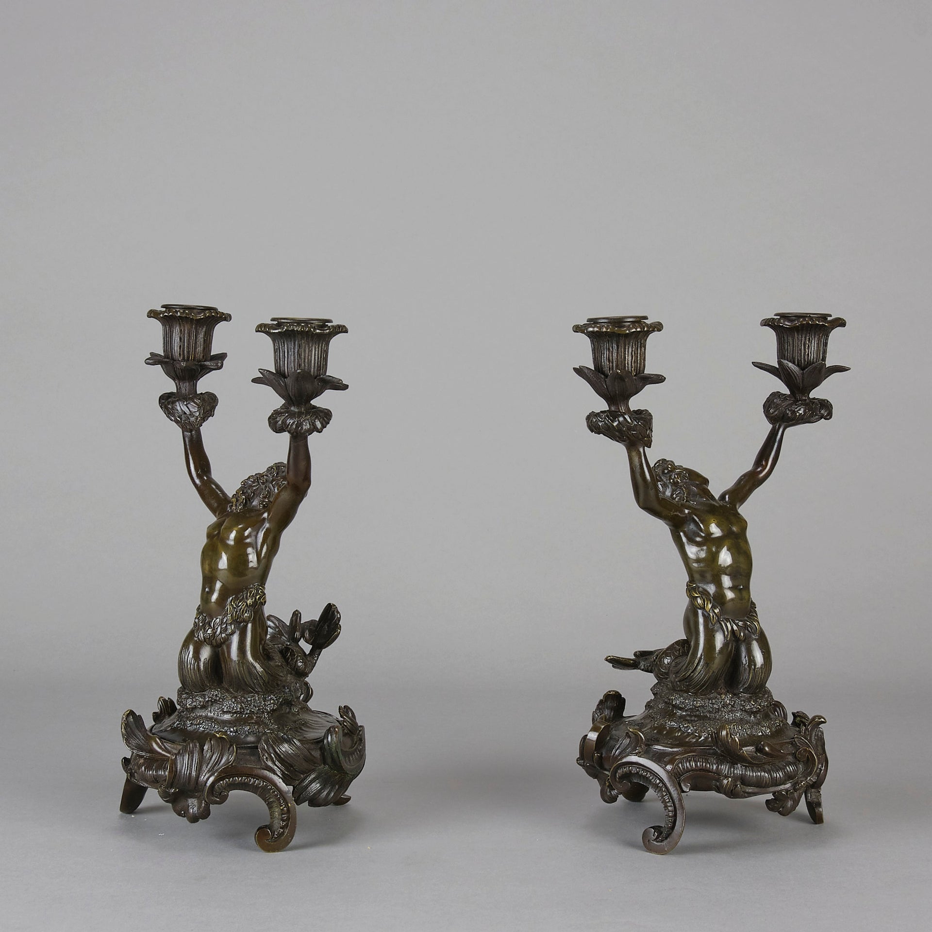 French Bronze - Mermen Candlesticks - Hickmet Fine Arts 