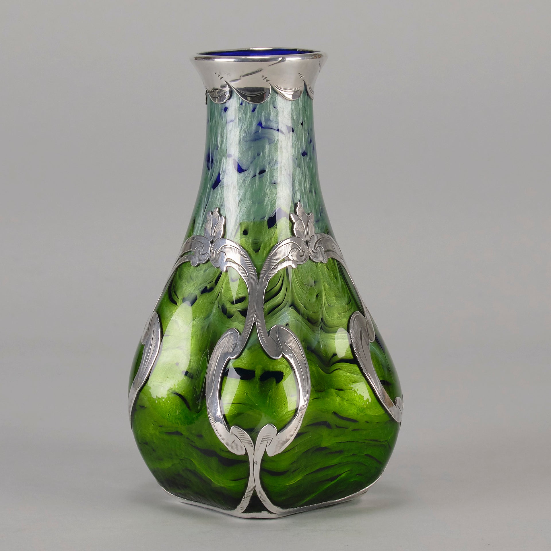 Iridescent Blue Silvered Loetz Vase - Art Nouveau Glass - Hickmet Fine Arts 