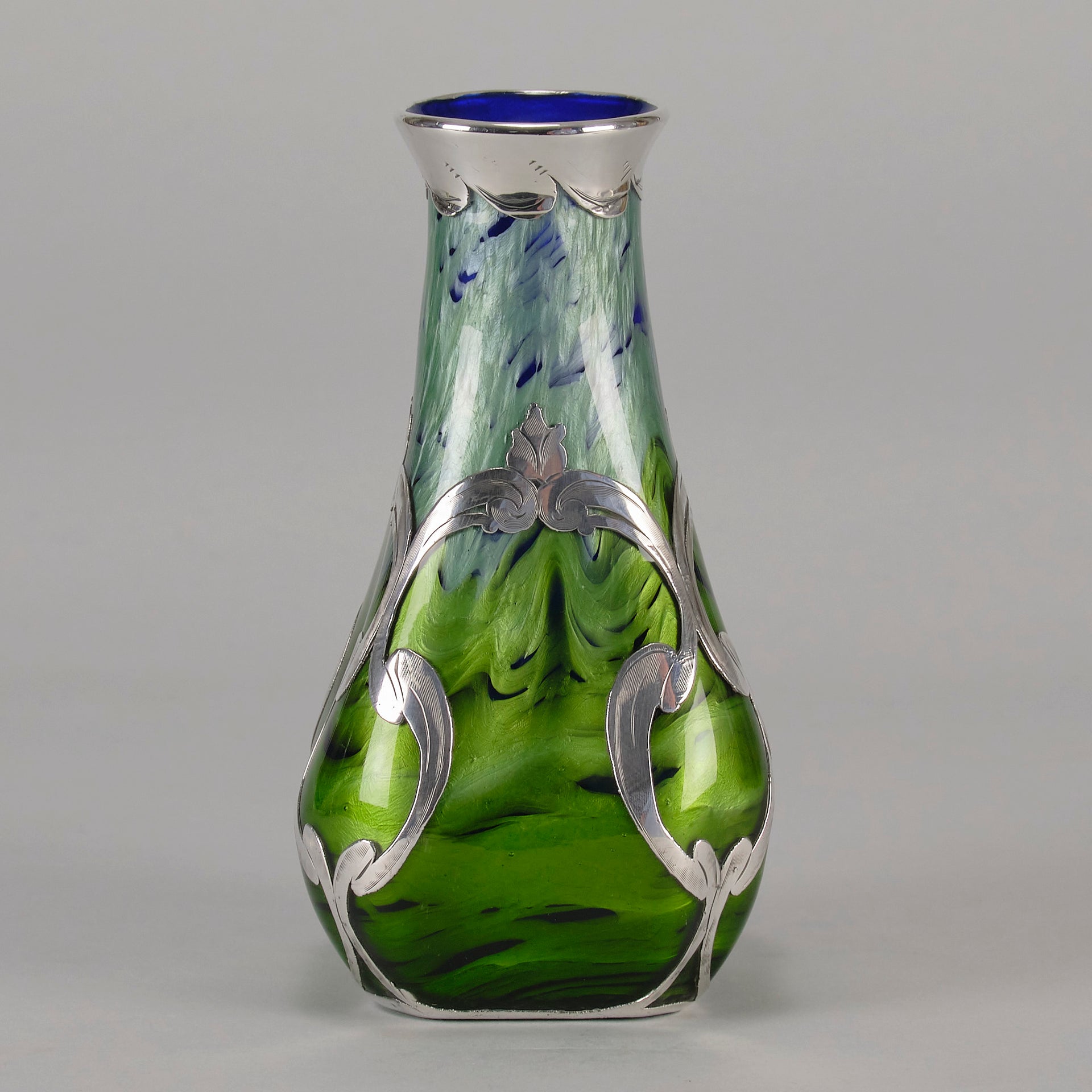 Iridescent Blue Silvered Loetz Vase - Art Nouveau Glass - Hickmet Fine Arts 