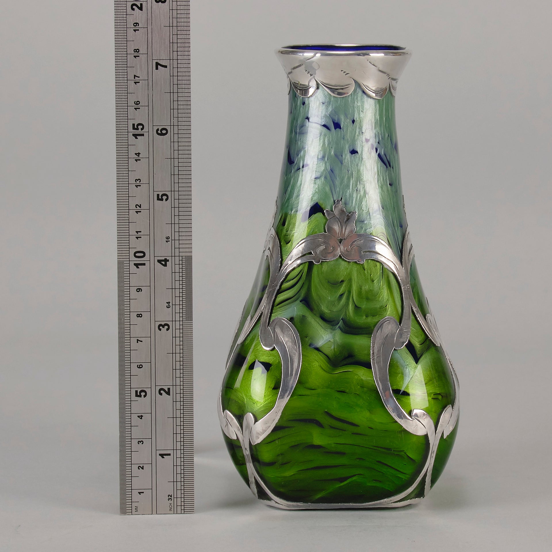 Iridescent Blue Silvered Loetz Vase - Art Nouveau Glass - Hickmet Fine Arts 