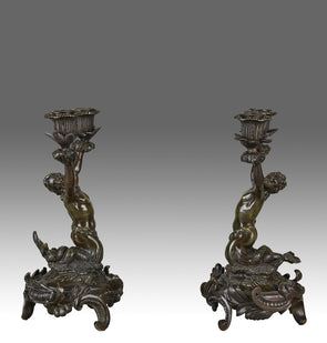 French Bronze - Mermen Candlesticks - Hickmet Fine Arts 