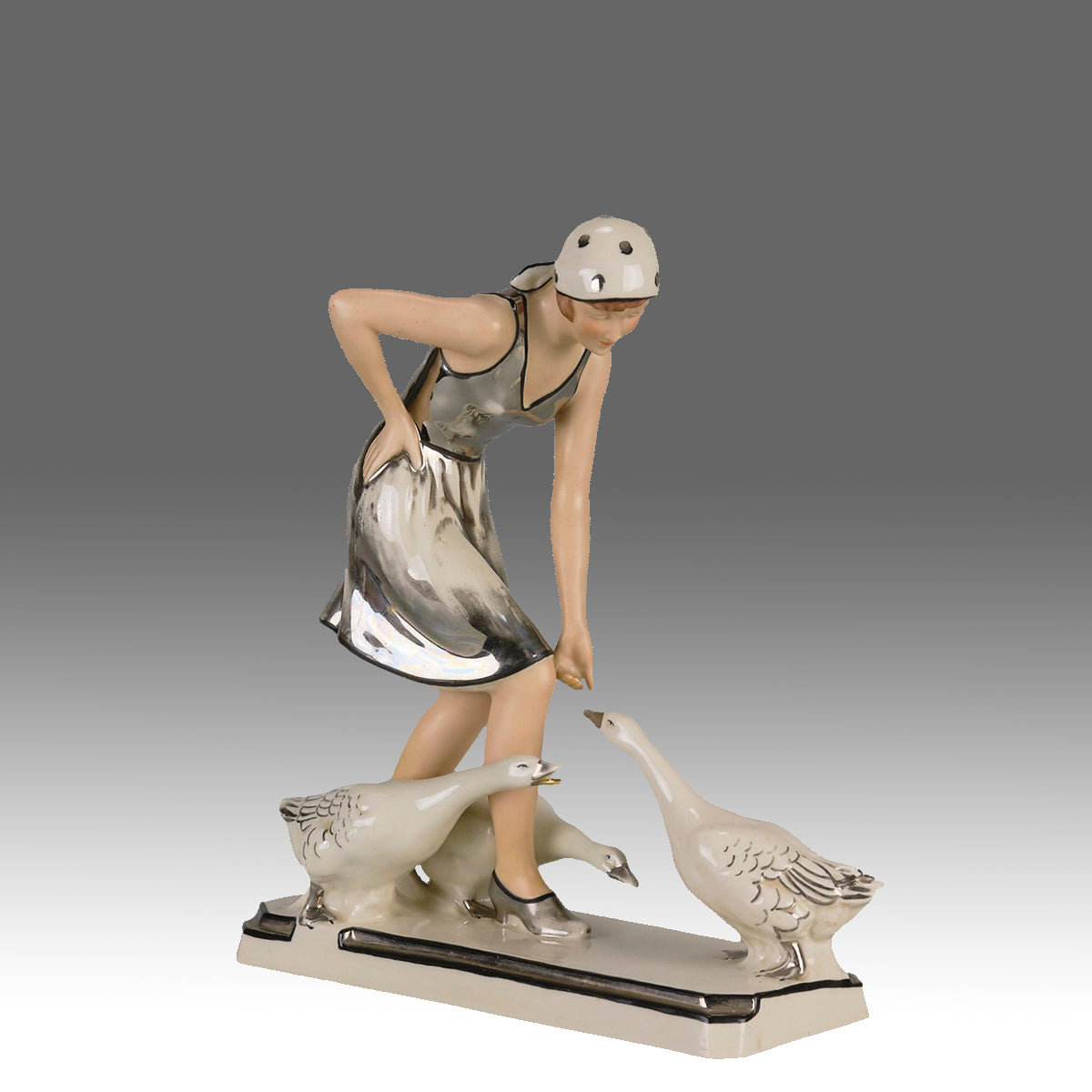 Royal Dux Girl And Geese - Art Deco Porcelain - Hickmet Fine Arts 
