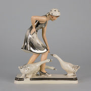 Royal Dux Girl And Geese - Art Deco Porcelain - Hickmet Fine Arts 
