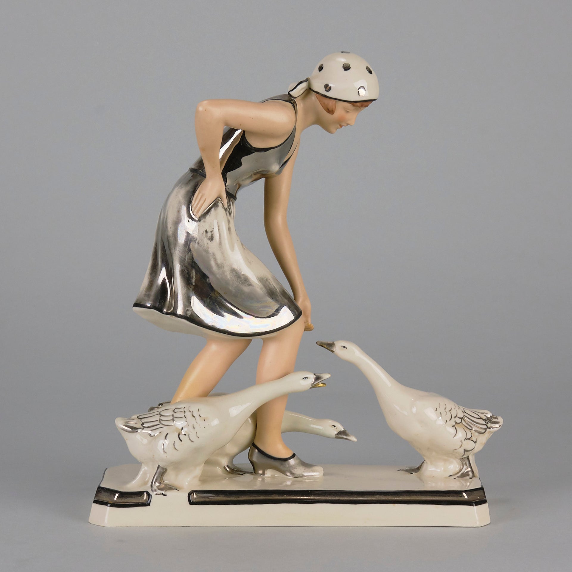 Royal Dux Girl And Geese - Art Deco Porcelain - Hickmet Fine Arts 