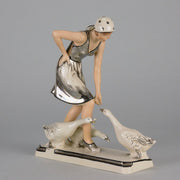 Royal Dux Girl And Geese - Art Deco Porcelain - Hickmet Fine Arts 