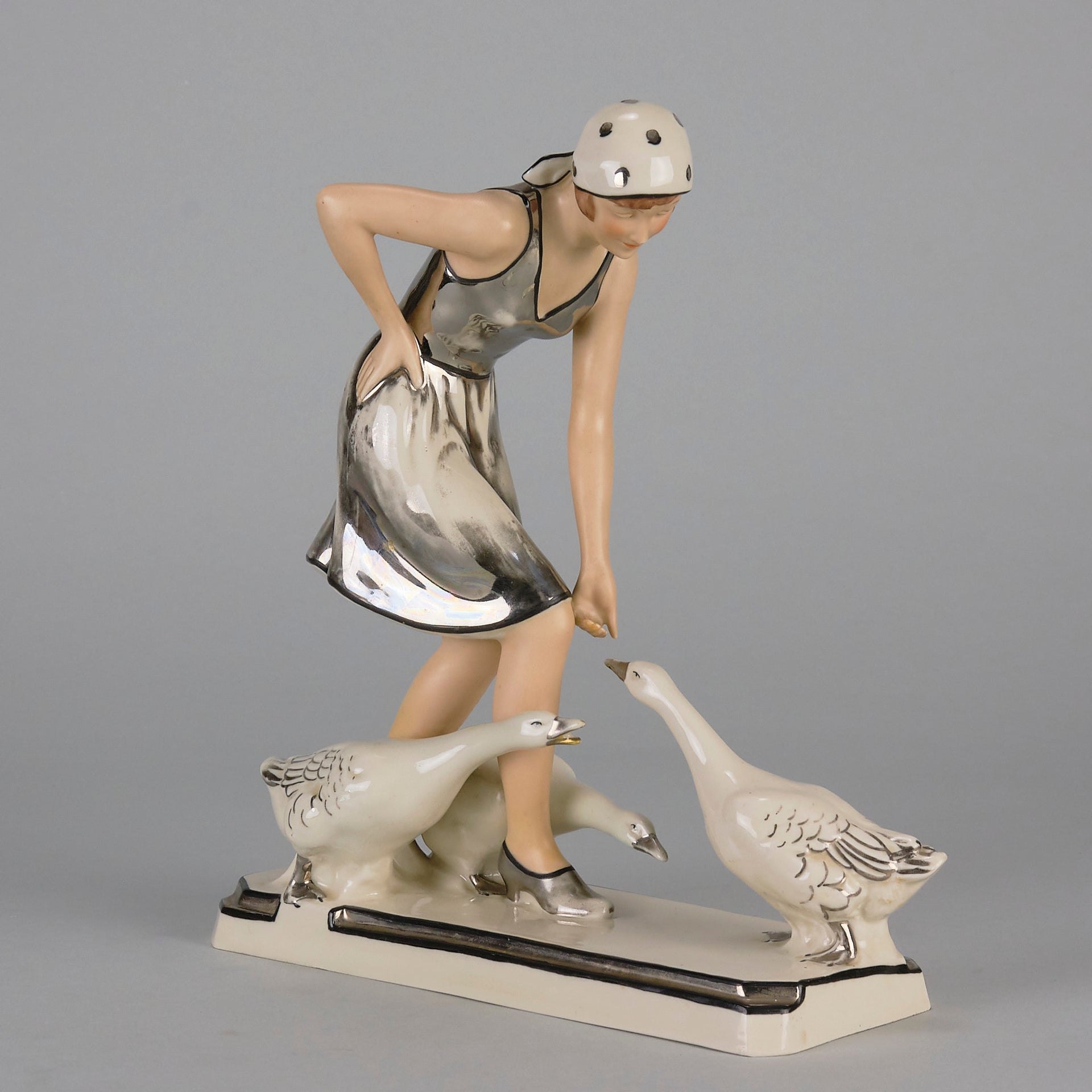 Royal Dux Girl And Geese - Art Deco Porcelain - Hickmet Fine Arts 