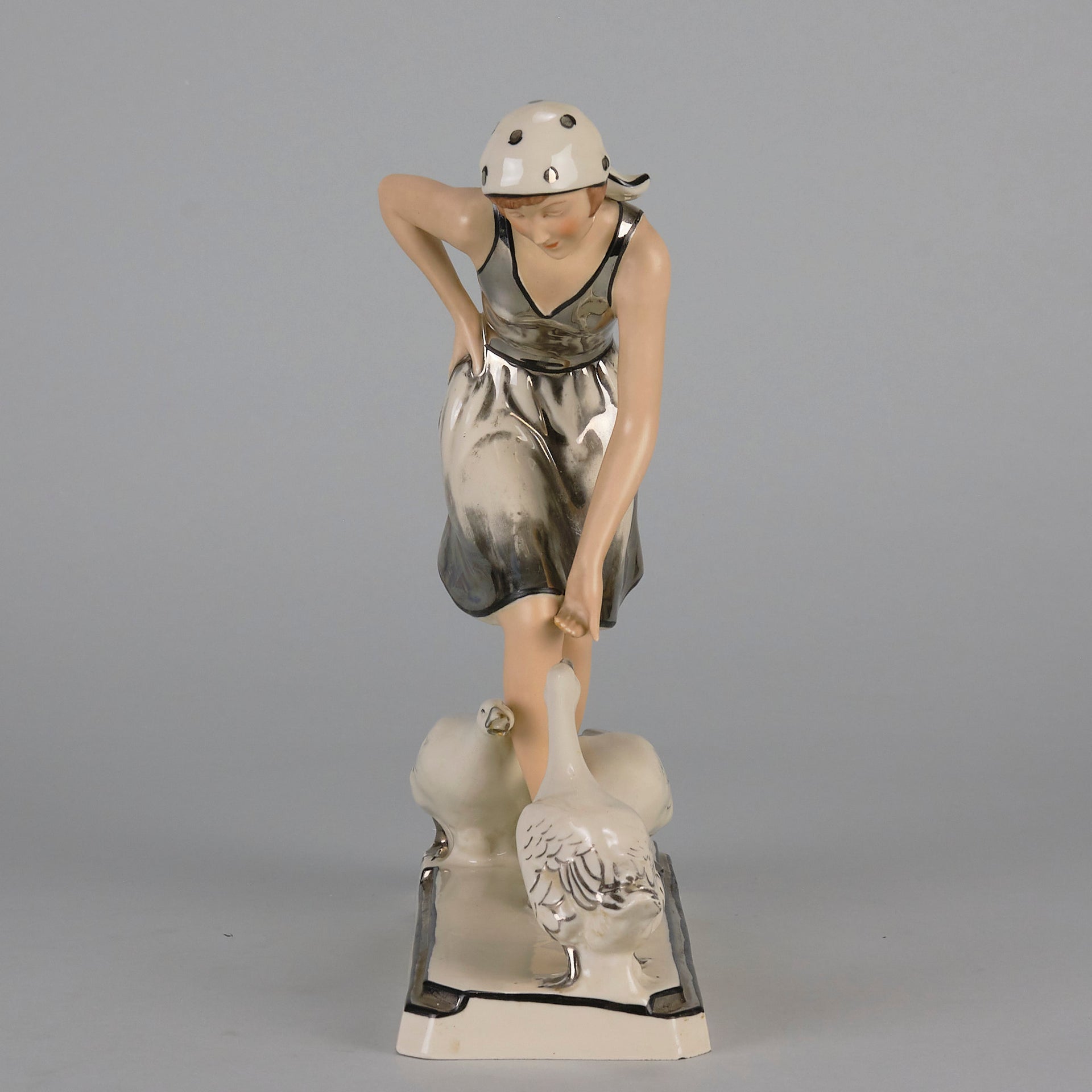 Royal Dux Girl And Geese - Art Deco Porcelain - Hickmet Fine Arts 