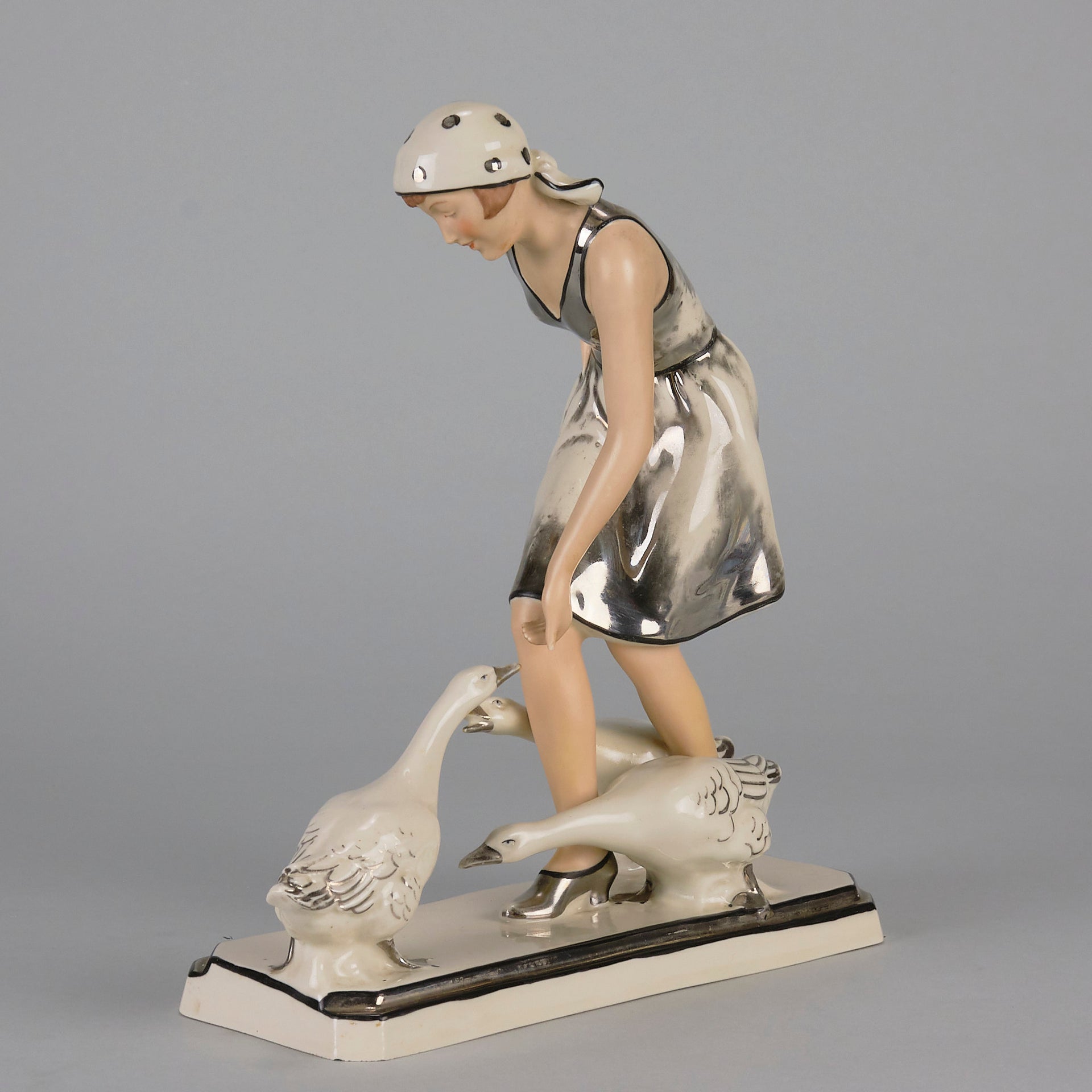 Royal Dux Girl And Geese - Art Deco Porcelain - Hickmet Fine Arts 