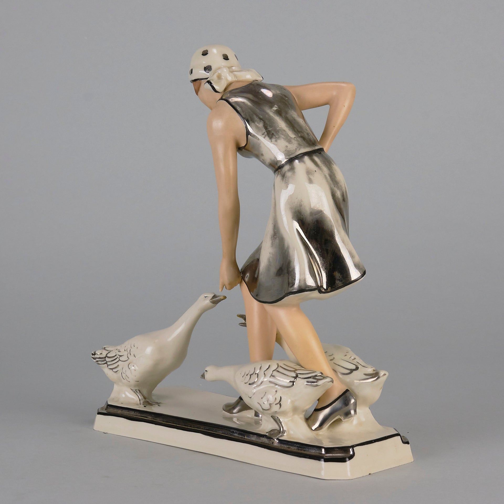 Royal Dux Girl And Geese - Art Deco Porcelain - Hickmet Fine Arts 