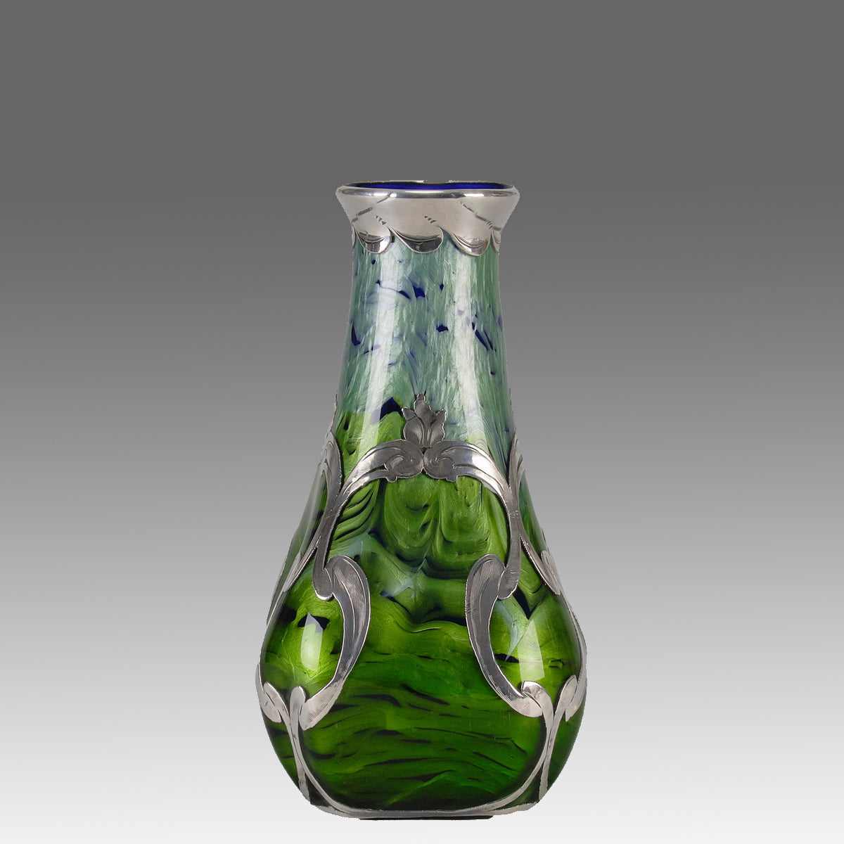 Iridescent Blue Silvered Loetz Vase - Art Nouveau Glass - Hickmet Fine Arts 