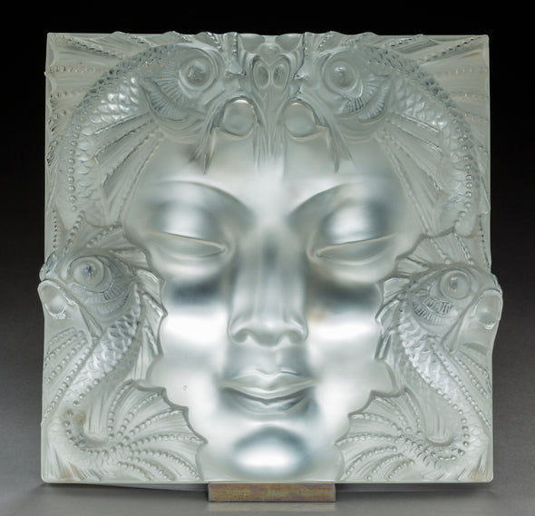 Masque De Femme by Marc Lalique An excellent mid 20th Century clear and frosted glass wall plaque decorated with a pretty Art Deco face framed with exotic fish