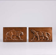 Panther and Leopard Plaques by Antoine L Barye one decorated with a striding panther the other of a striding leopard. The bronze plaques with excellent hand chased surface detail and very fine rich mid to golden brown patina