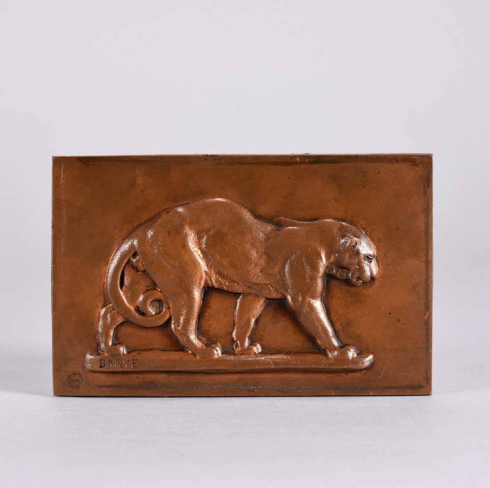 Panther and Leopard Plaques by Antoine L Barye one decorated with a striding panther the other of a striding leopard. The bronze plaques with excellent hand chased surface detail and very fine rich mid to golden brown patina