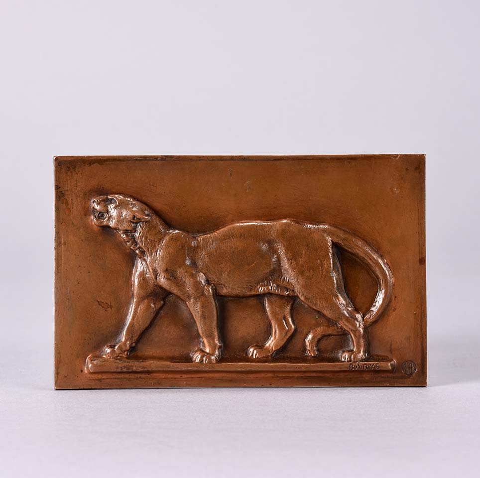 Panther and Leopard Plaques by Antoine L Barye one decorated with a striding panther the other of a striding leopard. The bronze plaques with excellent hand chased surface detail and very fine rich mid to golden brown patina