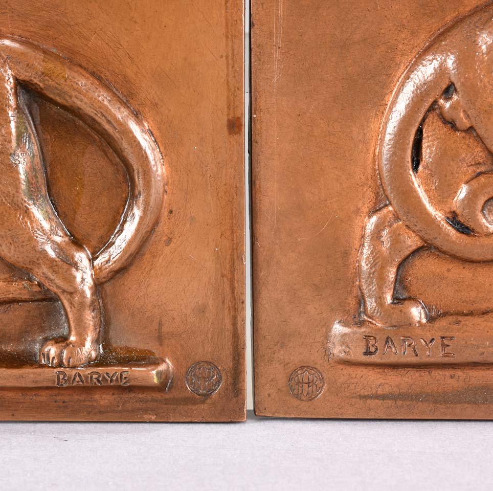 Panther and Leopard Plaques by Antoine L Barye one decorated with a striding panther the other of a striding leopard. The bronze plaques with excellent hand chased surface detail and very fine rich mid to golden brown patina