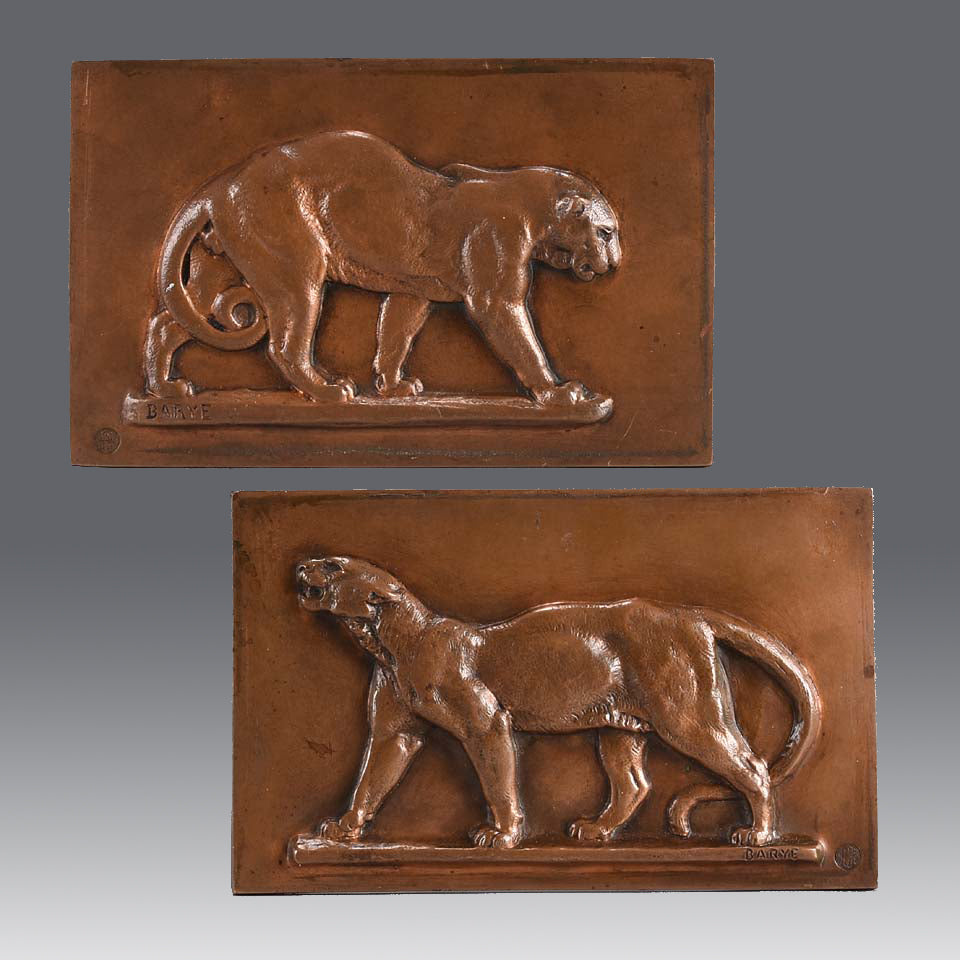 Panther and Leopard Plaques by Antoine L Barye one decorated with a striding panther the other of a striding leopard. The bronze plaques with excellent hand chased surface detail and very fine rich mid to golden brown patina