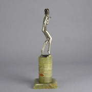 Art Deco Lady by Adolph in a questioning pose with one hand out, signed Adolph and raised on a tall cylindrical Brazilian green onyx base