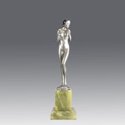 Shy Maiden an Antique Bronze Figure by Josef Adolph depicting a naked beauty in a revealing pose with very fine colour and excellent detail, raised on an onyx base