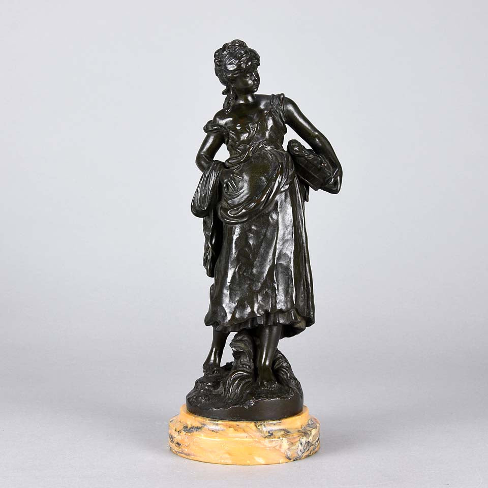 Autumn an antique bronze figure by Auguste Moreau a figure of a young farm girl carrying a laden basket with very fine colour and excellent had finished surface detail, raised on a marble base 