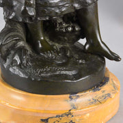 Summer by Auguste Moreau an antique bronze figure of a young girl in period clothing carrying an arm full of fruits with a basket full by her side, with excellent surface detail 