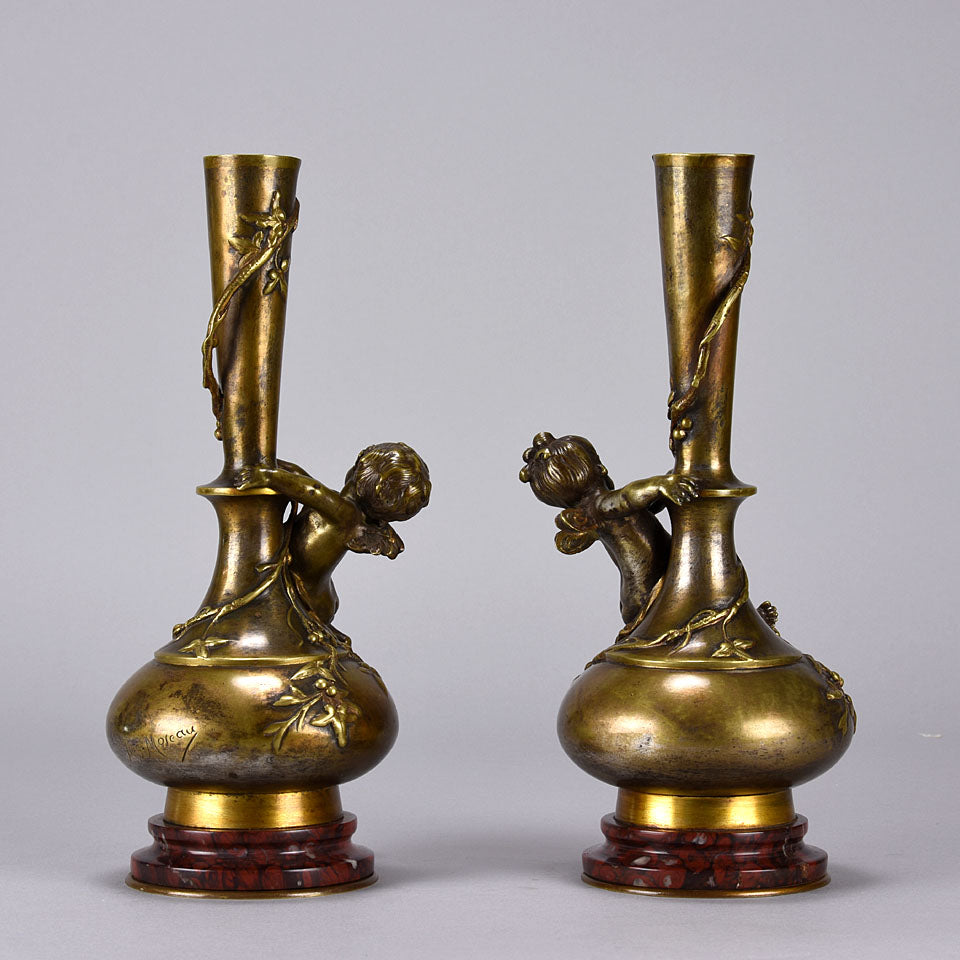 Auguste Moreau Bronze - Art Nouveau Putto Vases - Hickmet Fine Arts