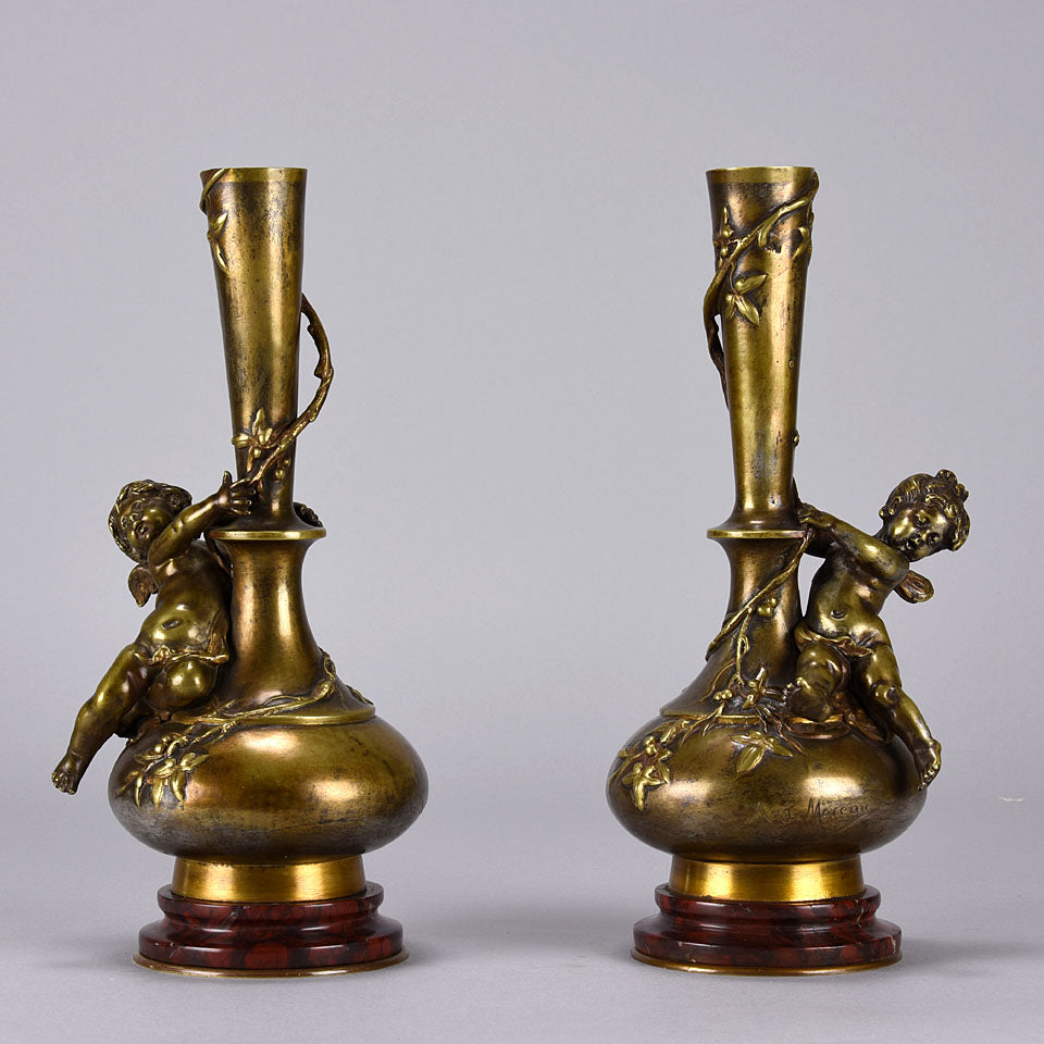Auguste Moreau Bronze - Art Nouveau Putto Vases - Hickmet Fine Arts