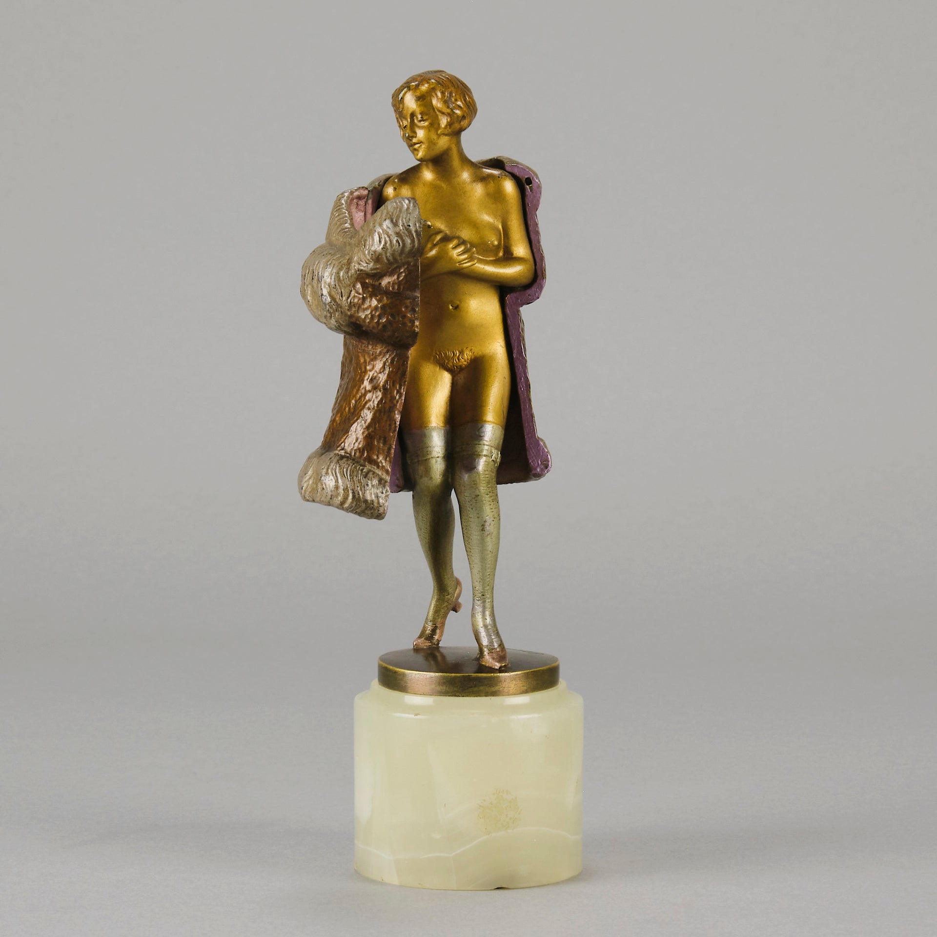 Fur Coat by Barner An excellent early 20th Century Austrian bronze figure of an Art Deco beauty in a large fur coat - Hickmet Fine Arts