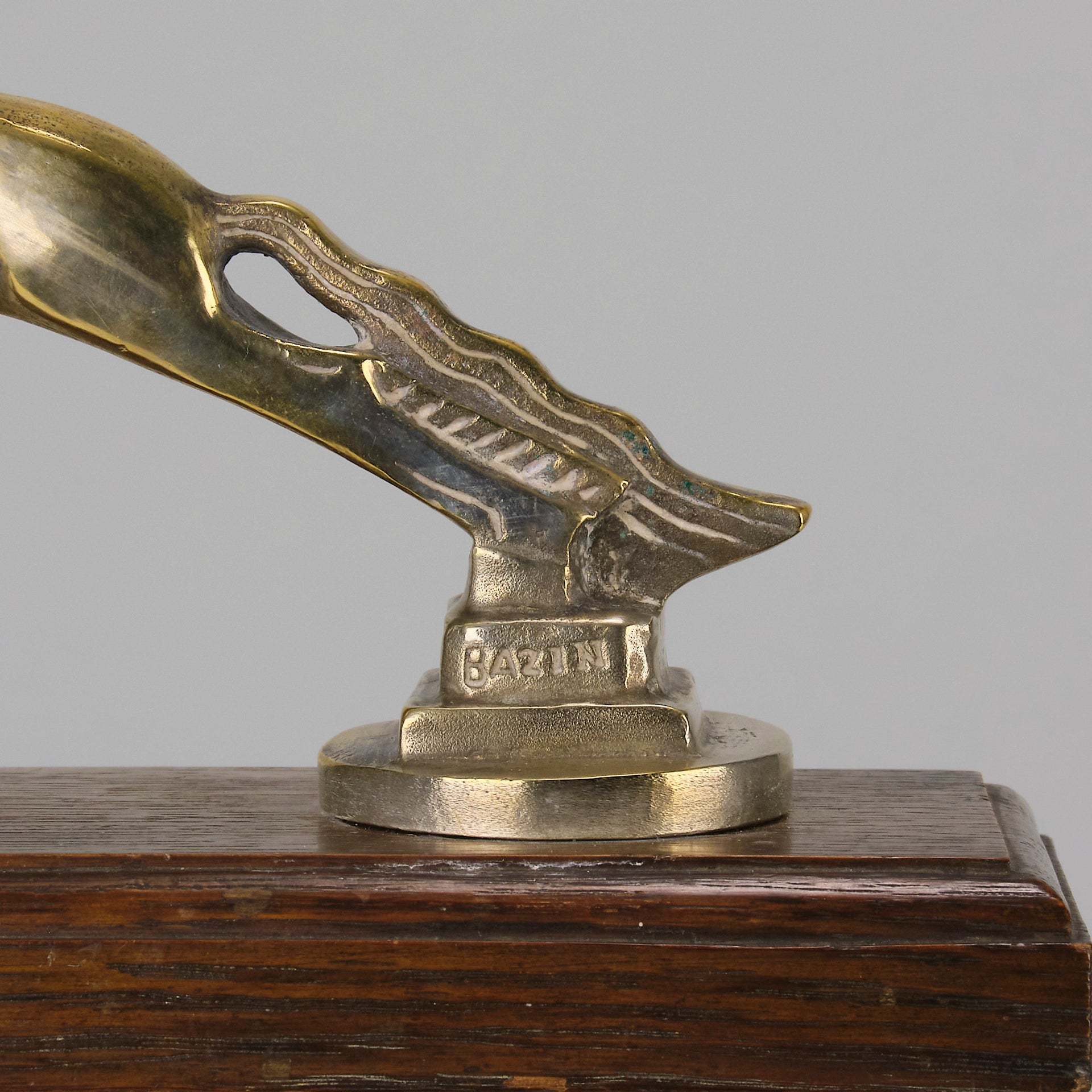 Leaping Horse Car Bonnet Mascot by François Bazin  silver plated in the form of a leaping horse, with fine detail. Raised on a wooden rectangular base