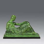 Femme Allongée early 20th Century French Art Deco bronze figure of a resting beauty reclining on a day bed with a shawl delicately draped over her by Gaston Béguin - Hickmet Fine Arts 