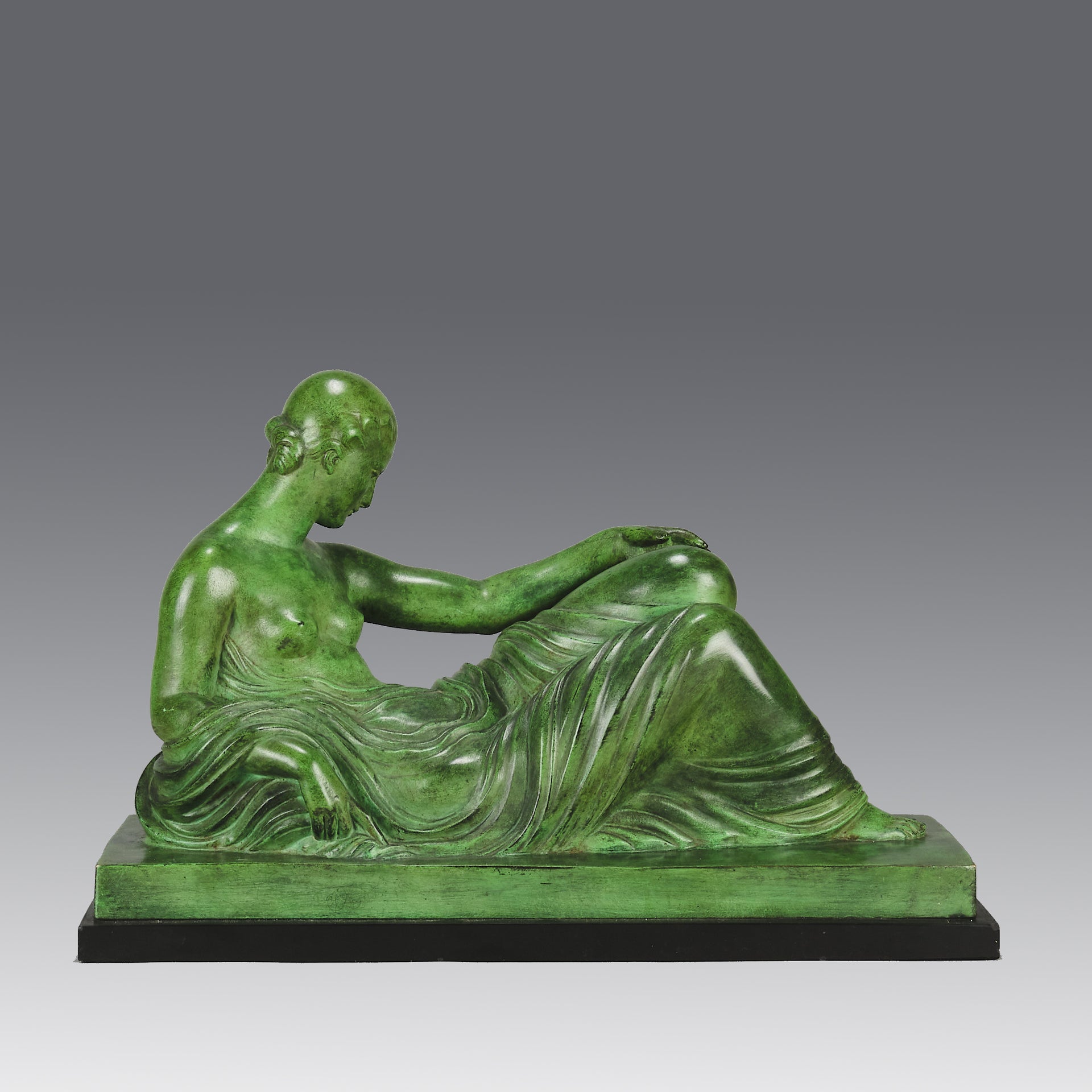 Femme Allongée early 20th Century French Art Deco bronze figure of a resting beauty reclining on a day bed with a shawl delicately draped over her by Gaston Béguin - Hickmet Fine Arts 