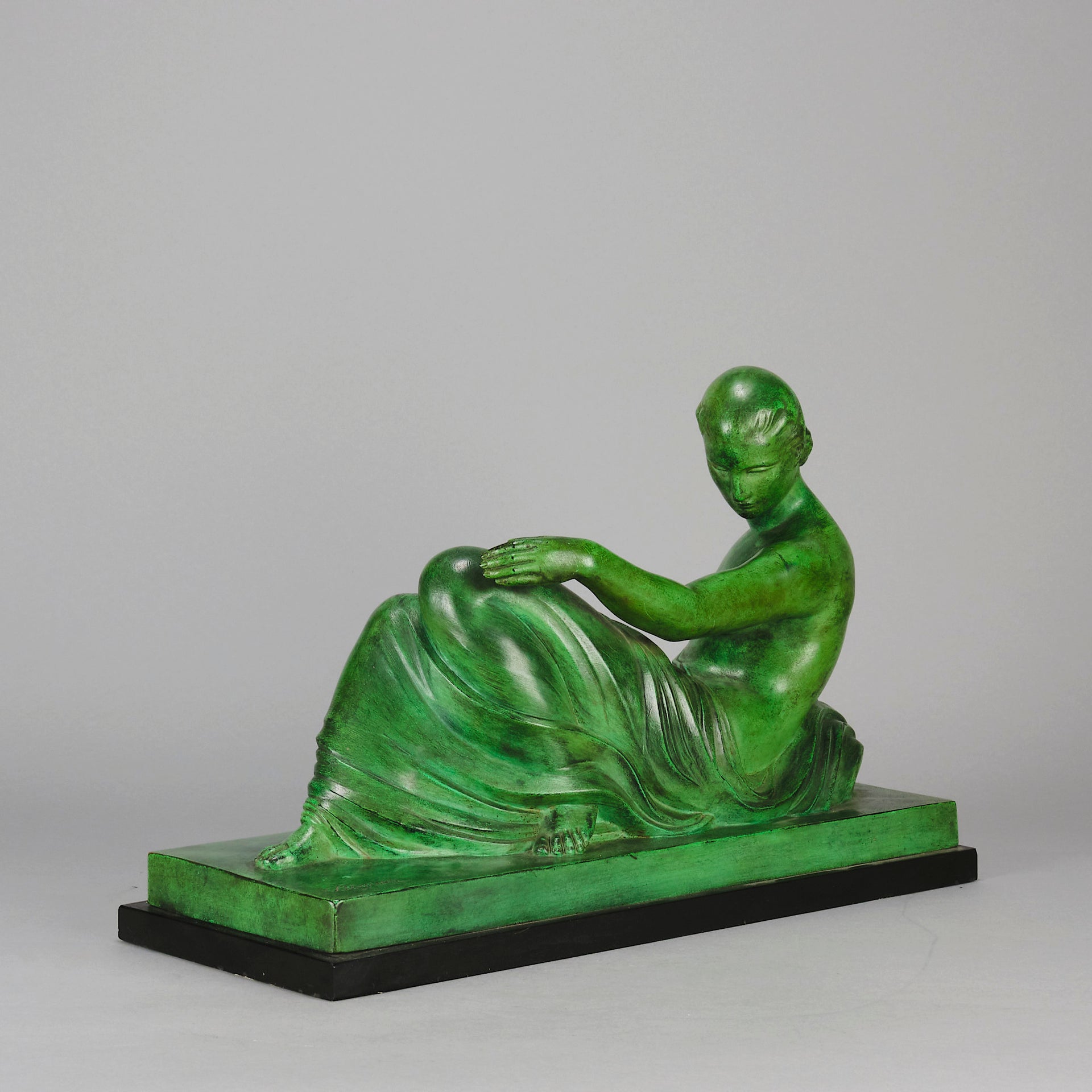 Femme Allongée early 20th Century French Art Deco bronze figure of a resting beauty reclining on a day bed with a shawl delicately draped over her by Gaston Béguin - Hickmet Fine Arts 