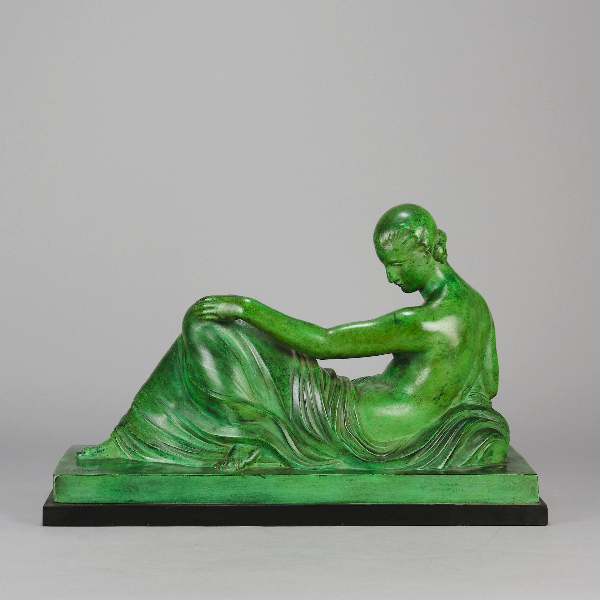 Femme Allongée early 20th Century French Art Deco bronze figure of a resting beauty reclining on a day bed with a shawl delicately draped over her by Gaston Béguin - Hickmet Fine Arts 