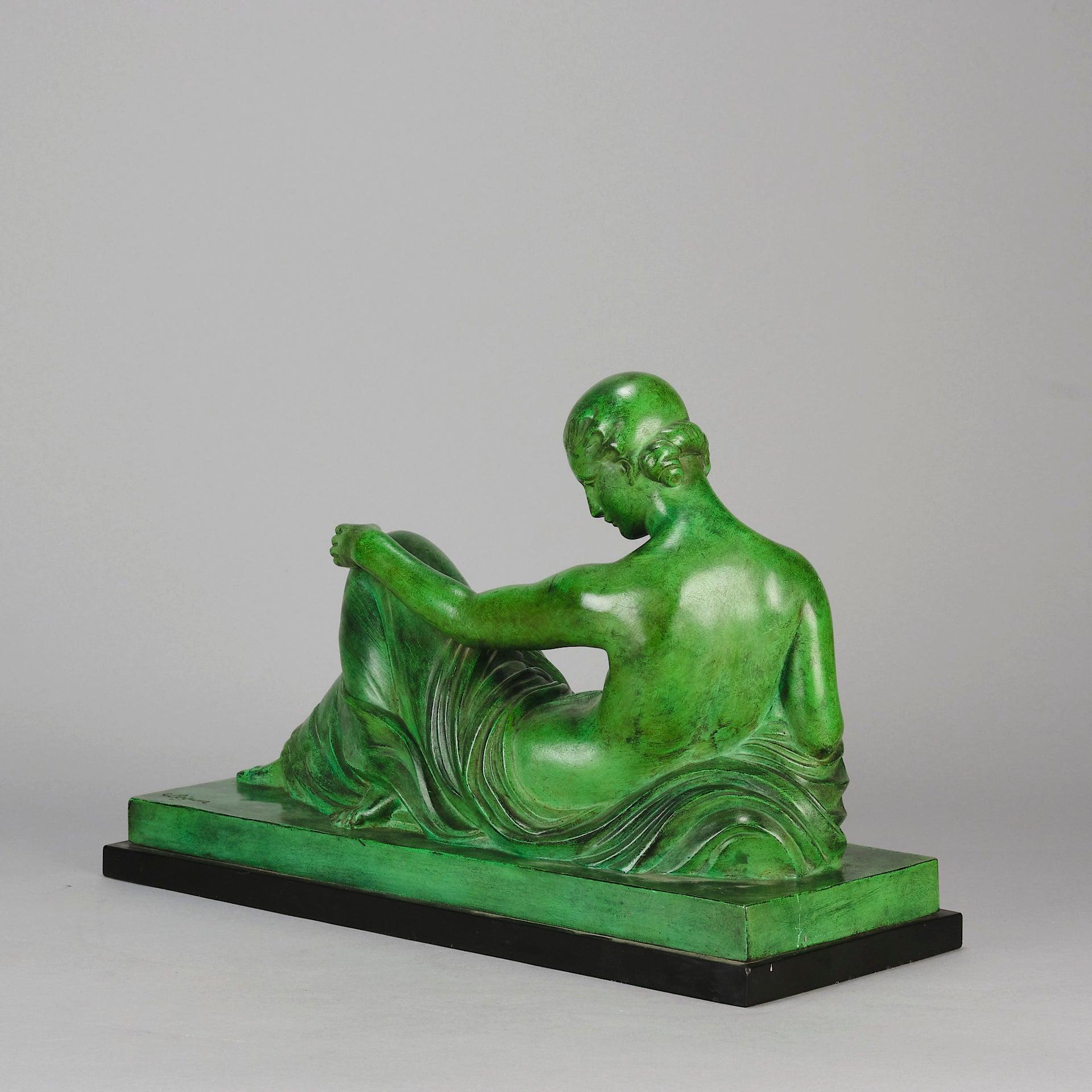 Femme Allongée early 20th Century French Art Deco bronze figure of a resting beauty reclining on a day bed with a shawl delicately draped over her by Gaston Béguin - Hickmet Fine Arts 