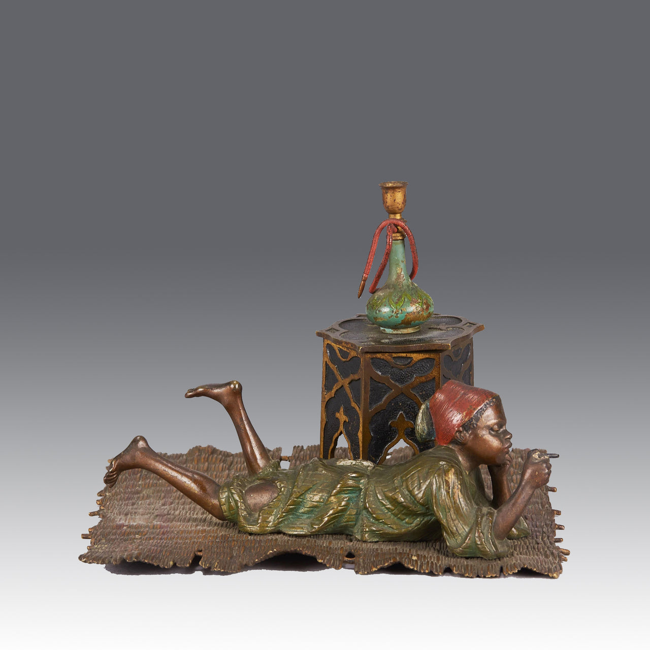 Bergman Bronze - Antique Bronze - Boy on Rug Inkwell - bergman cold painted bronze - Hickmet Fine Arts