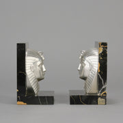 Art Deco silvered bronze bookends in the form of two Pharoah heads mounted on marble bases by Charles Charles - Hickmet Fine Arts