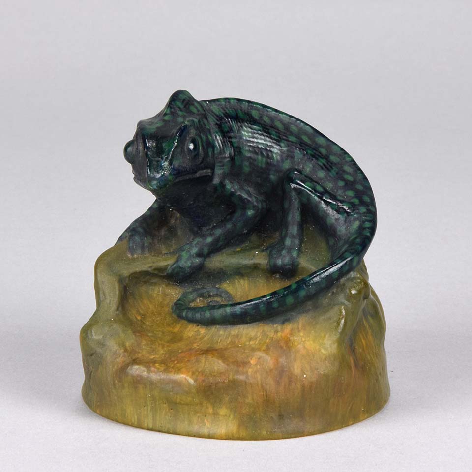 Chameleon Figure on a Rock - Pate de Verre Glass by A Walter