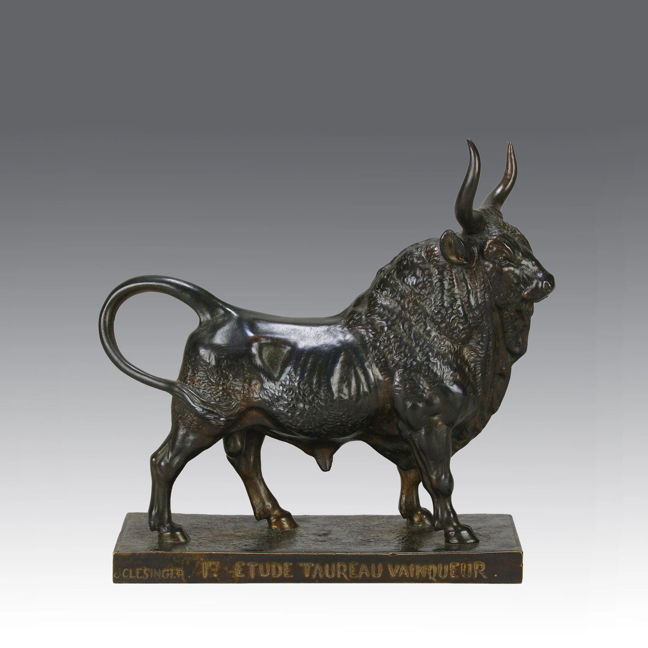 Taureau Vainqueur Antique Bronze Statue of a Bull by Jean-Baptiste Clesinger standing in a proud stance exhibiting excellent hand chased surface detail and fine rich brown patina. Raised on an integral base 