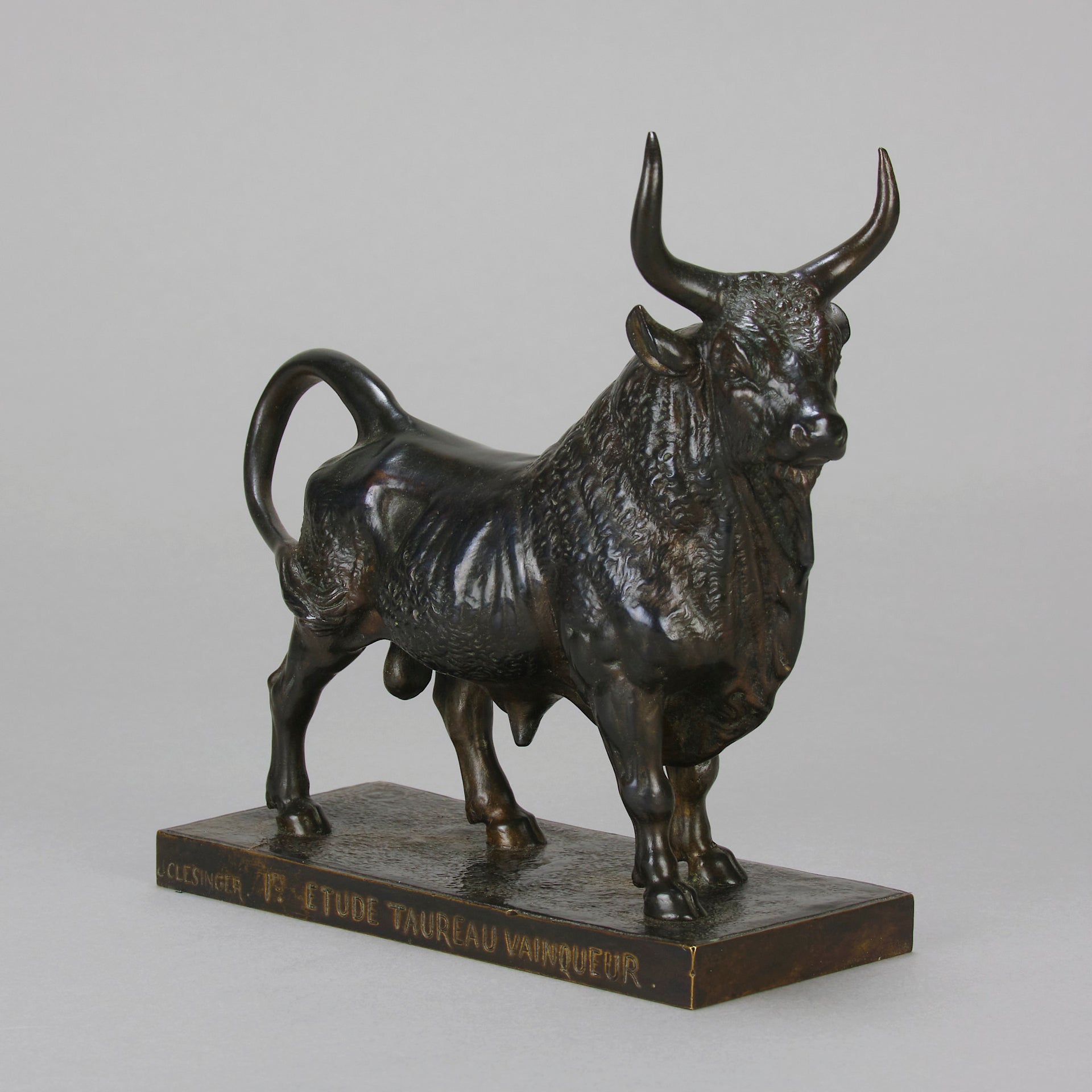 Taureau Vainqueur Antique Bronze Statue of a Bull by Jean-Baptiste Clesinger standing in a proud stance exhibiting excellent hand chased surface detail and fine rich brown patina. Raised on an integral base 