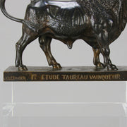 Taureau Vainqueur Antique Bronze Statue of a Bull by Jean-Baptiste Clesinger standing in a proud stance exhibiting excellent hand chased surface detail and fine rich brown patina. Raised on an integral base 
