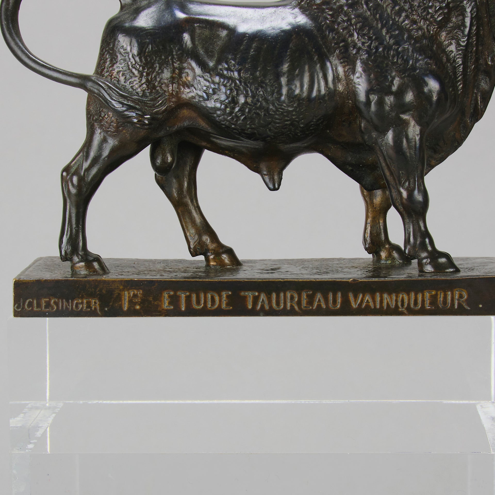 Taureau Vainqueur Antique Bronze Statue of a Bull by Jean-Baptiste Clesinger standing in a proud stance exhibiting excellent hand chased surface detail and fine rich brown patina. Raised on an integral base 